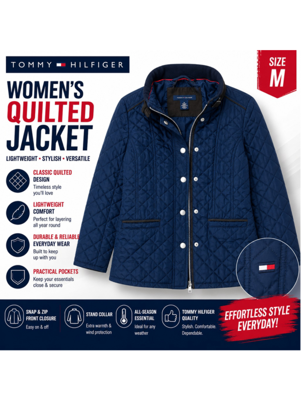 Tommy Hilfiger Women's Medium Navy Quilted Jacket Snap Zip Lightweight Coat
